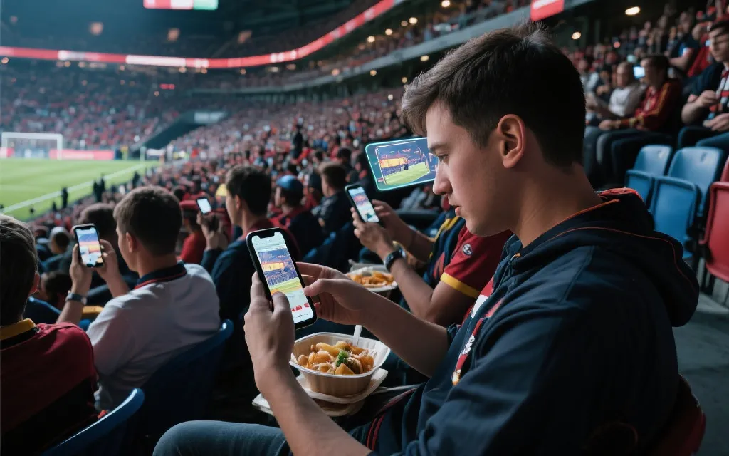 球迷在看台上使用手机进行AR回放与无接触购餐，数字化观赛场景