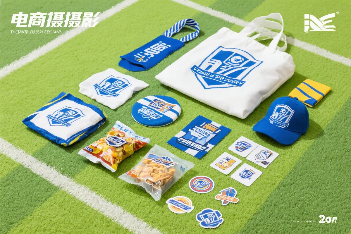 世界杯比赛日主题商品包平铺展示，包含应援道具、零食与装饰，干净明亮的电商风格
